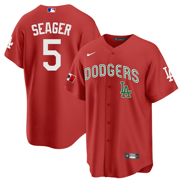 Men's Los Angeles Dodgers #5 Corey Seager 2021 Mexican Heritage Red Flex Base Stitched Baseball Jersey